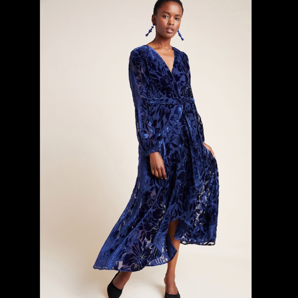NWT Anthropologie daniella blue velvet maxi dress